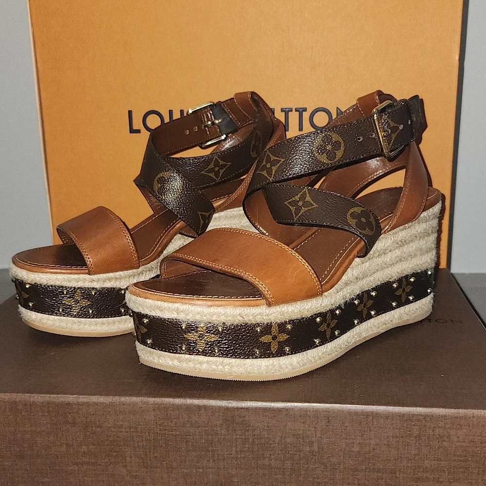 Louis Vuitton Brown Monogram Leather Platform Espadrille Sandals